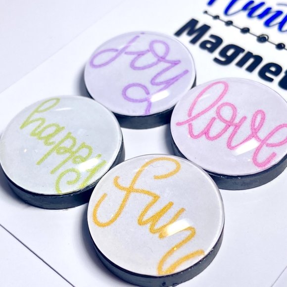 Set of 4 Glass Word Magnets "Joy Love Happy Fun" Refrigerator Kitchen Whiteboard - Picture 3 of 3